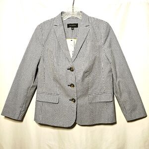 Talbots Womens Navy Blue & White Checkered Tailored Cotton Blend Blazer 4